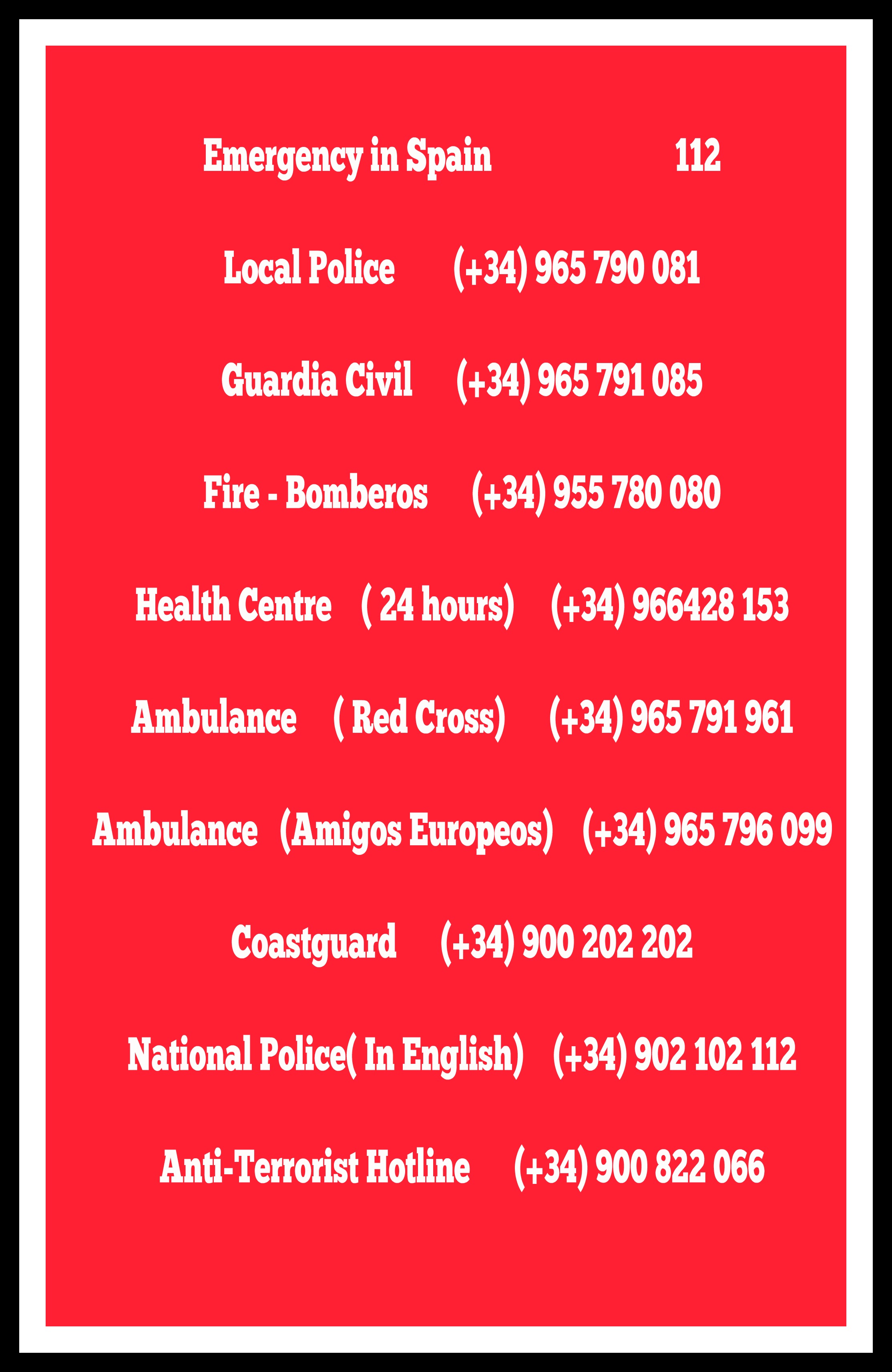 Emergency Numbers Javea and National