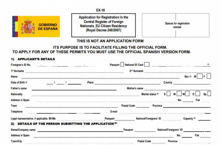 Spanish Residency Form in English