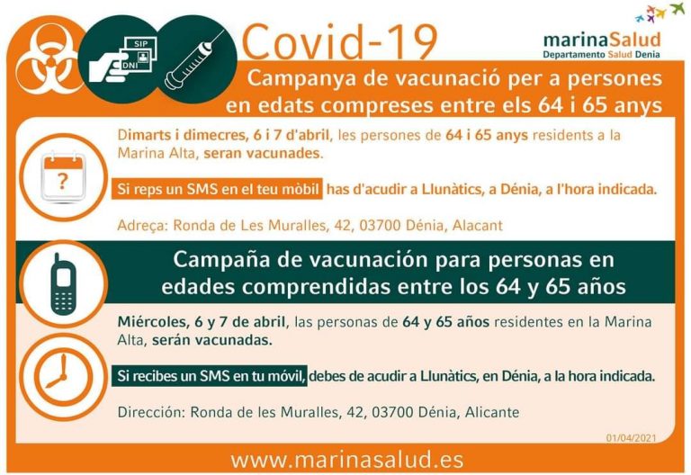 Vaccine plan for 64/65 year old people in Marina Alta.